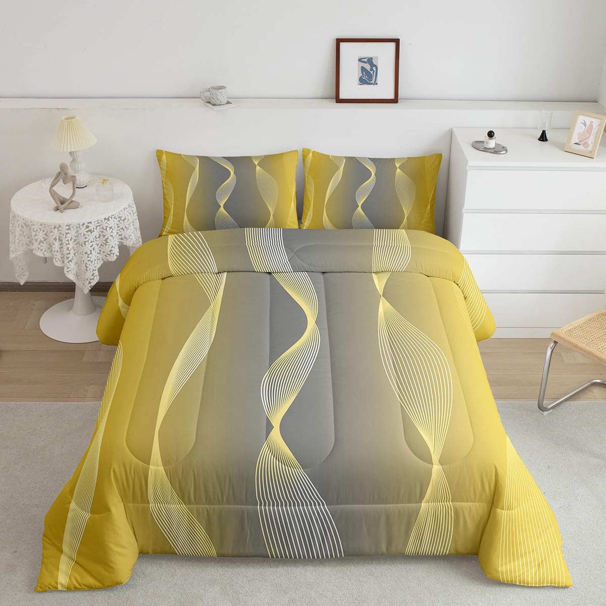 Erosebridal Gradient Yellow and Grey Bedding Set Ombre Comforter Set for Girls,Spiral Silver Print Wave Striped Pattern Queen Quilt,Abstract Art Room