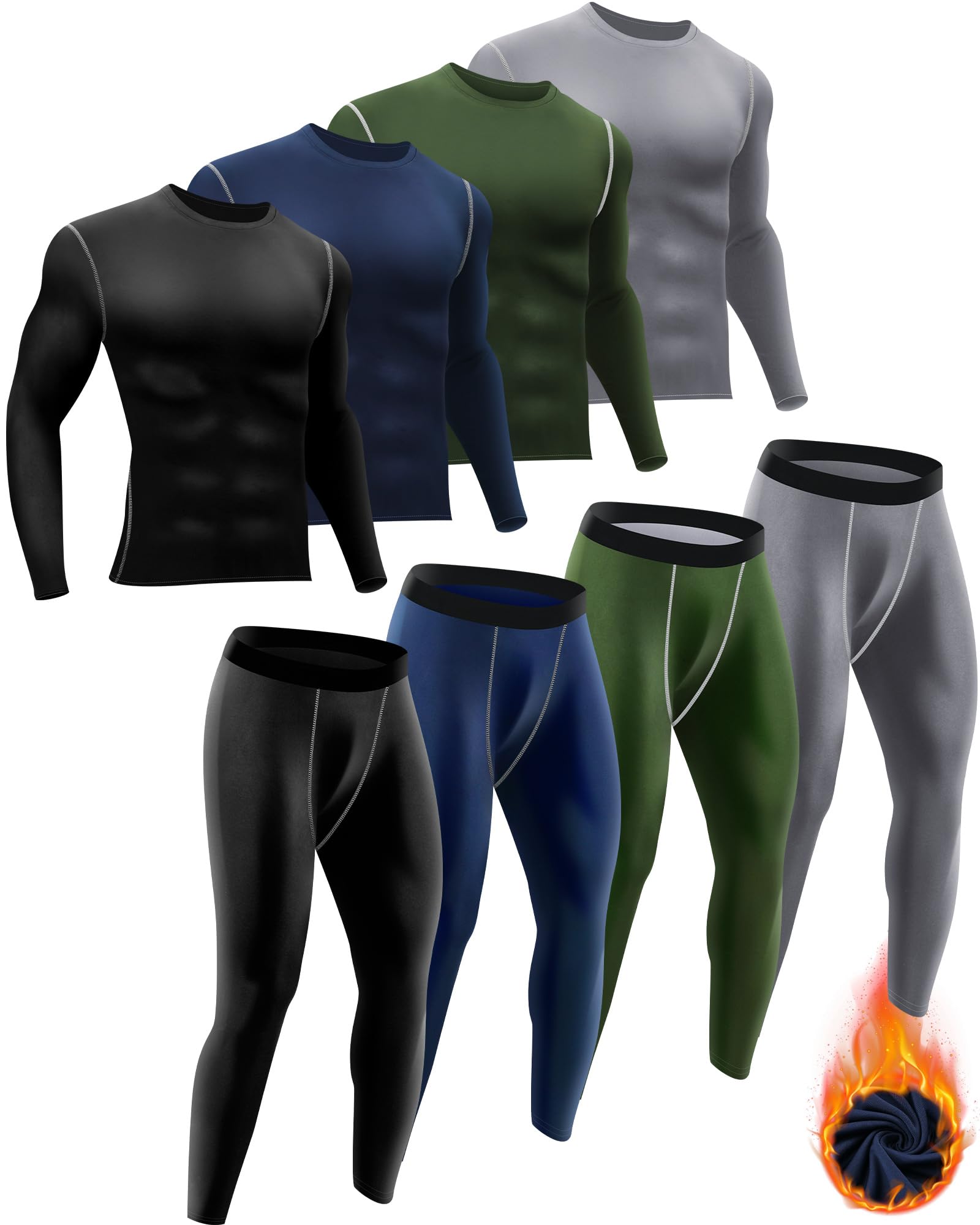 Liitrsh Lot de 4 sous-vêtements thermiques pour homme - Sous-vêtements de sport longs doublés en polaire - Couche de base à séchage rapide - Haut et bas pour la chasse