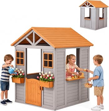 Wooden Kids Playhouse with Play Kitchen, Half Door Windows, Flowerpot Holders, Toys PlaySet for Backyard Play Brown and Grey
