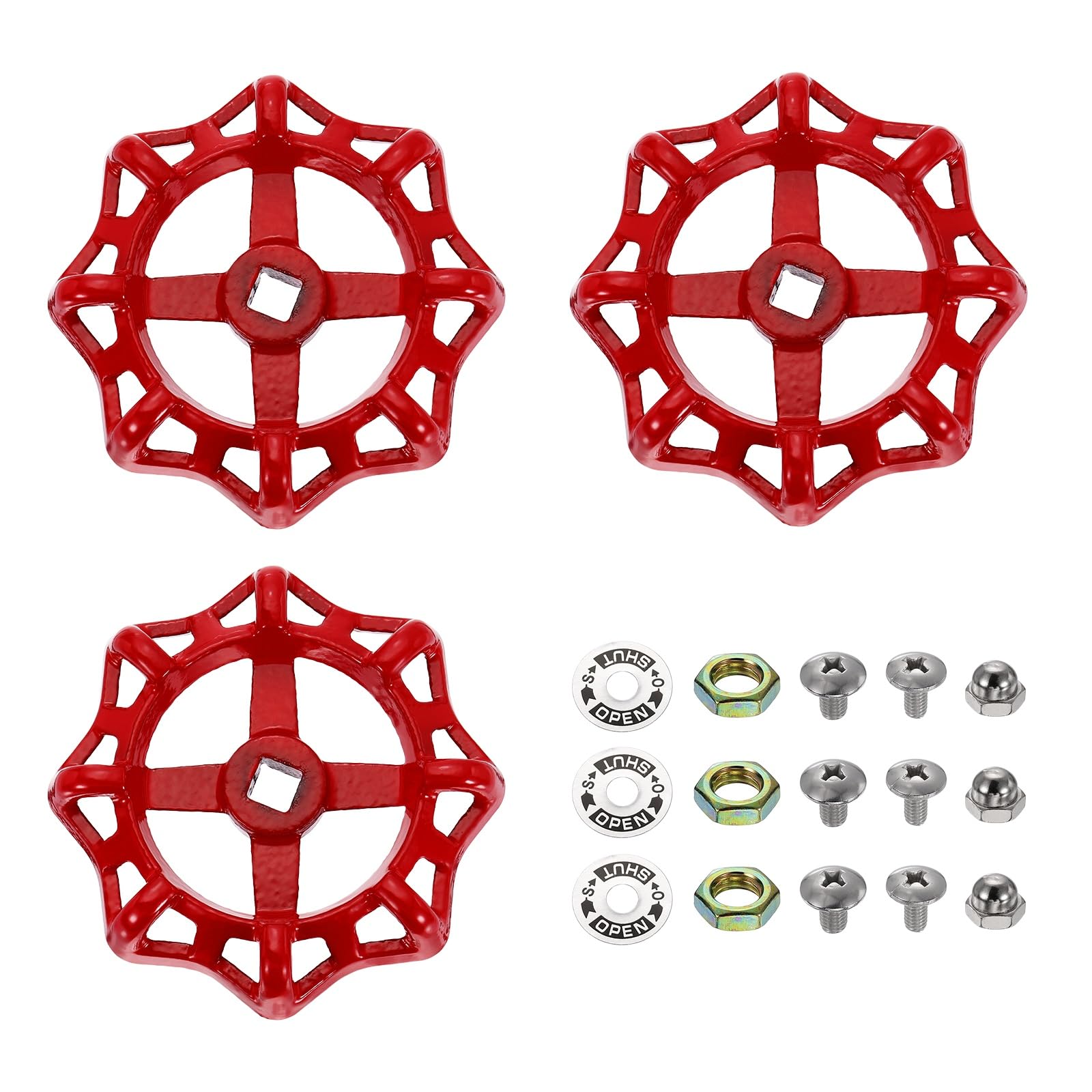 sourcing map 3Pcs Outdoor Faucet Water Spigot Handle, 11 x 11mm Round Wheel Square Stem Hole Cast Iron Hose Bib Outside Faucet Valve Handles Replacement for Garden Courtyard Bathroom, Red