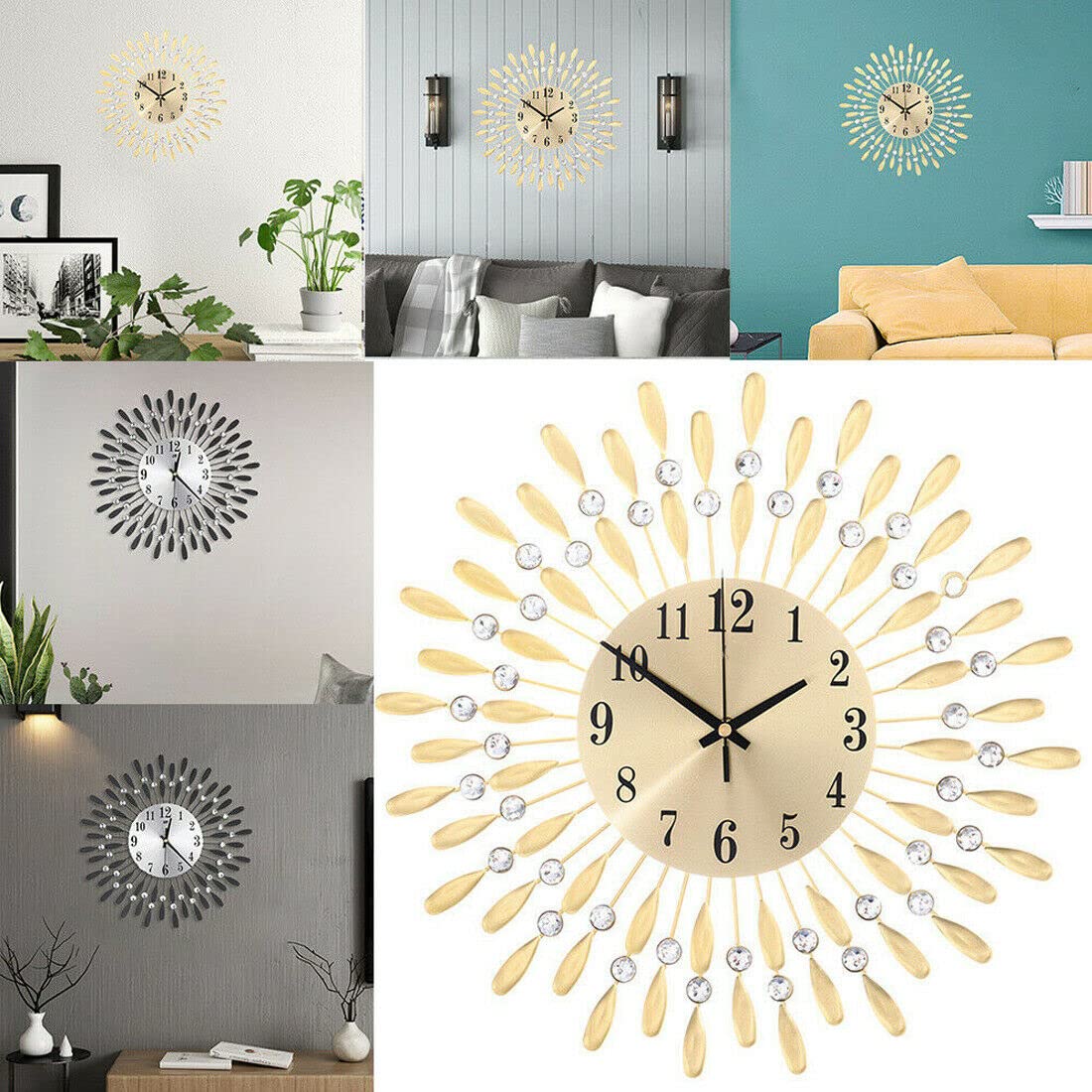 Reloj de pared 3D con cuentas de cristal con diseño de diamante con forma de sol, reloj de pared mute de cristal 3D, reloj de cuarzo electrónico para sala de estar, cocina, decoración del hogar(negro)