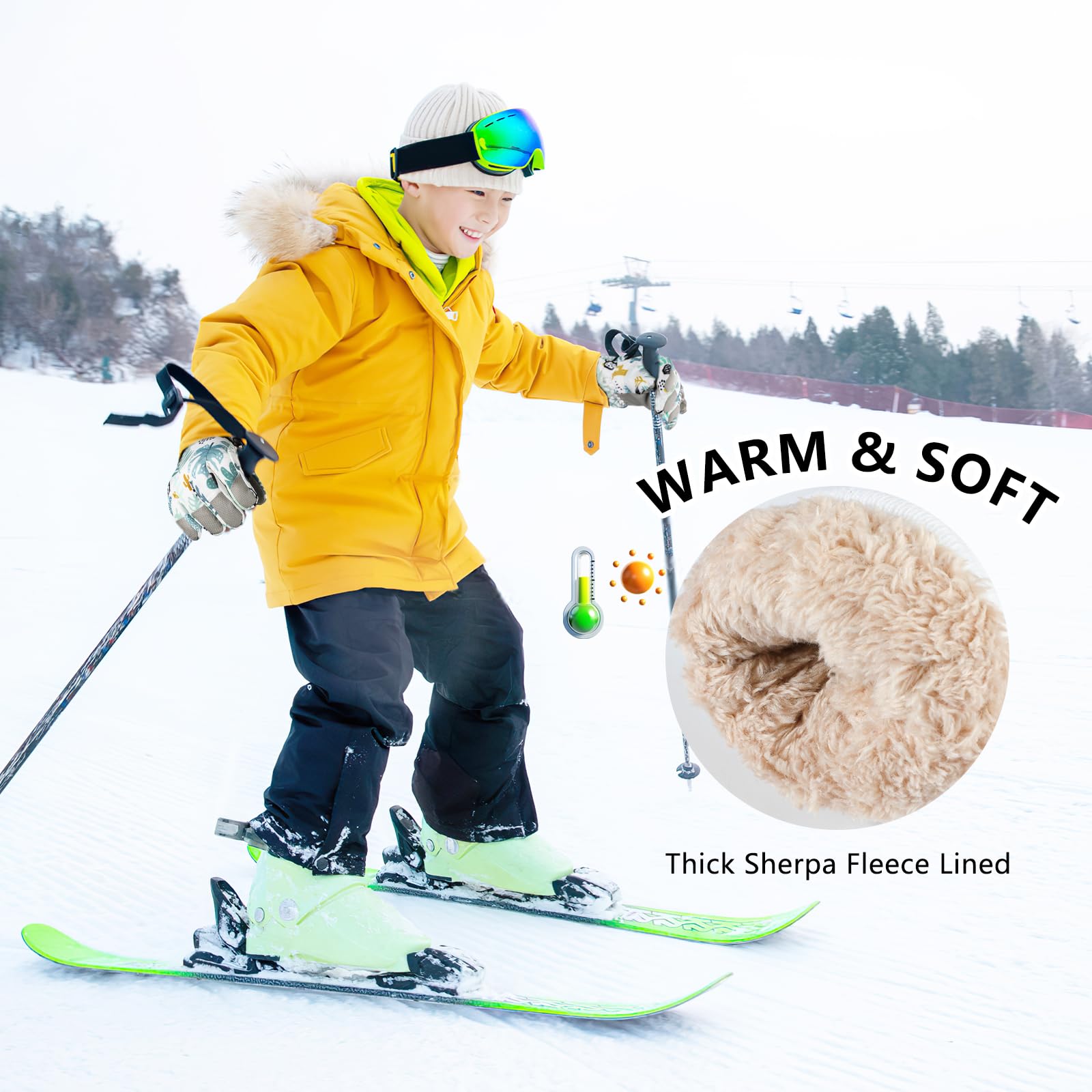 QKURT Guantes de Esquí para Niños, Guantes de Esquí Térmicos de Invierno para Niños, Manoplas a Prueba de Viento para Nieve, Guantes de Trineo para Patinaje en Clima frío para Niños y Niñas