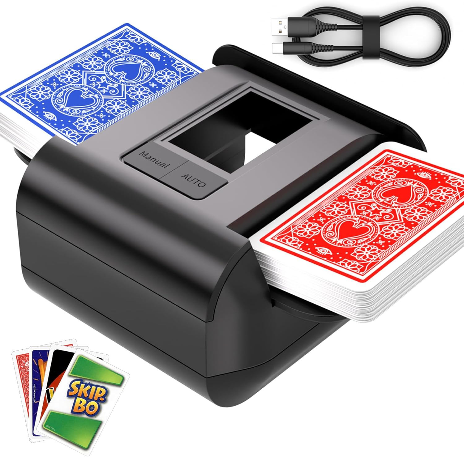 Automatic Card Shuffler, Rechargeable Cards Shuffler Machine with AUTO & Manual Mode, 1-2 Decks Low Noise Electric Shuffling for Poker, UNO, Texas, Blackjack, Skip-Bo, Bridge, Phase 10