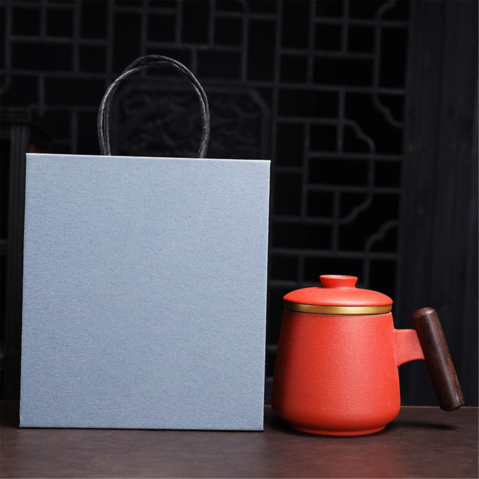 Taza De Té De Cerámica con Mango De Madera Anti-Quemaduras, Tazas De Té con Tapa Y Filtro, Mugs con Separación De Té Filtrada para Oficina, Hogar O Regalo (Rojo)