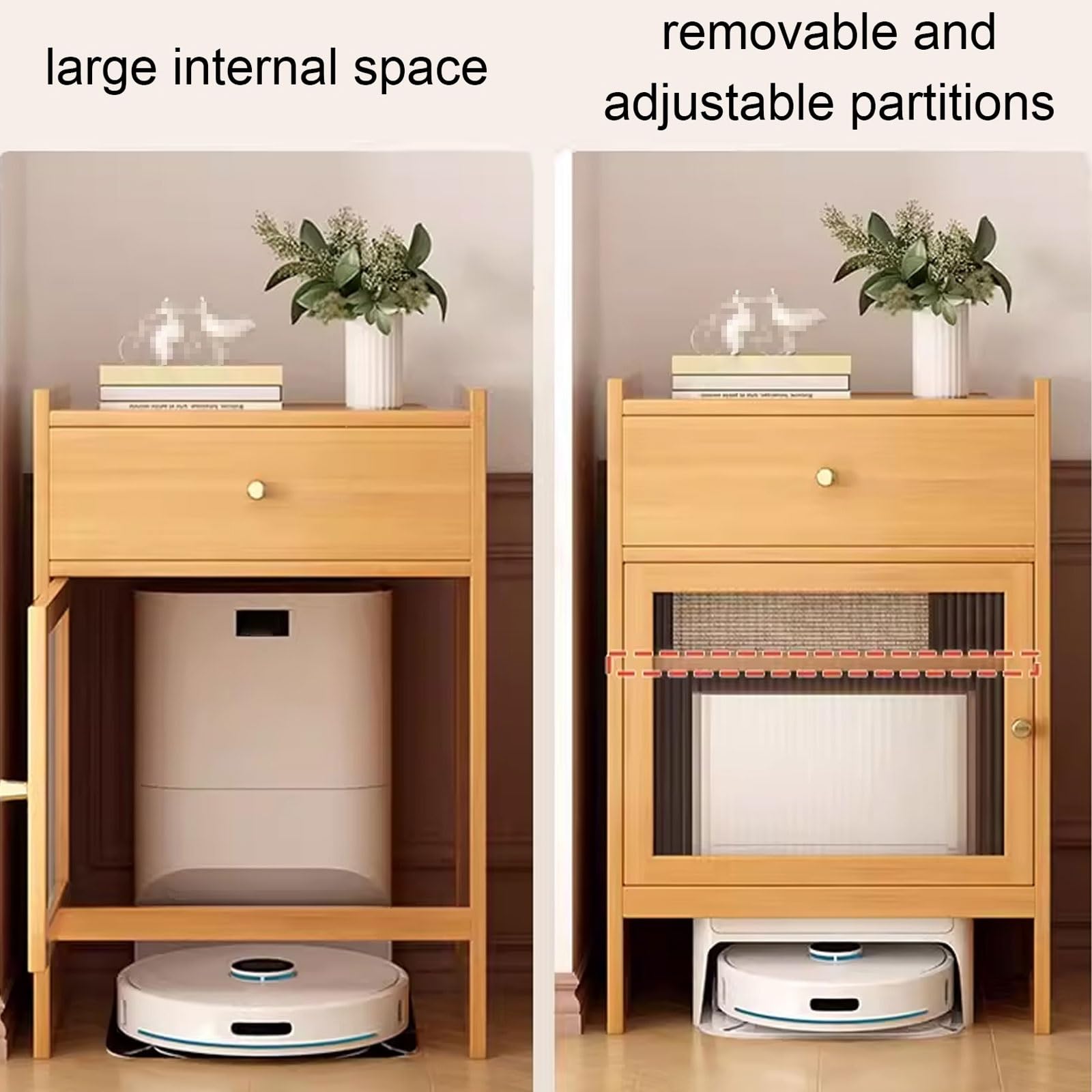 Organizer Ständer for Roboter Smart Robot Vakuumschrank Mit Glastür Und Schublade Herausnehmbare Einlegeböden Versteckter Aufbewahrungsschrank Massivholz(Natural)