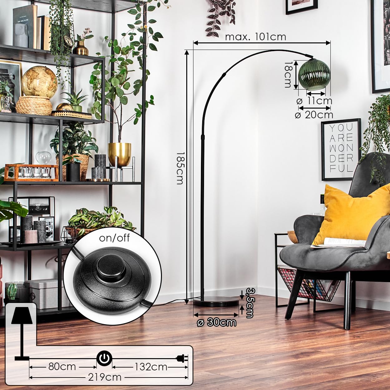 HOFSTEIN Stehleuchte Koyoto, Stehlampe aus Metall/Riffelglas in Schwarz/Grün mit Marmorfuß, verstellbare Leuchte im Retro-Design (Schirm Ø 20 cm), Fußschalter, E27, Wohnzimmer, Schlafzimmer, Flur