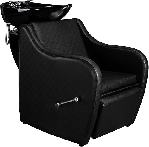 OmySalon Silla de lavado de espalda con champú de salón con cuenco de cerámica, reposapiés ajustable, fregadero inclinable, unidad de tratamiento de