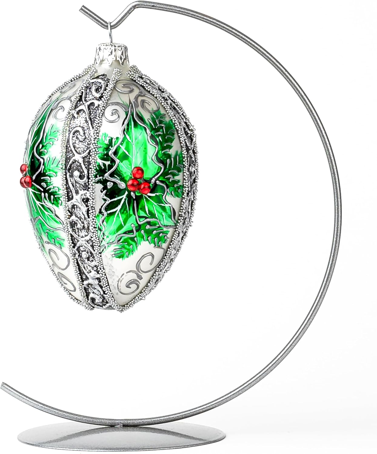 Fabergé Egg 5-Inch Blown Glass Christmas Tree Ornament Mistletoe Leaf (Silver)