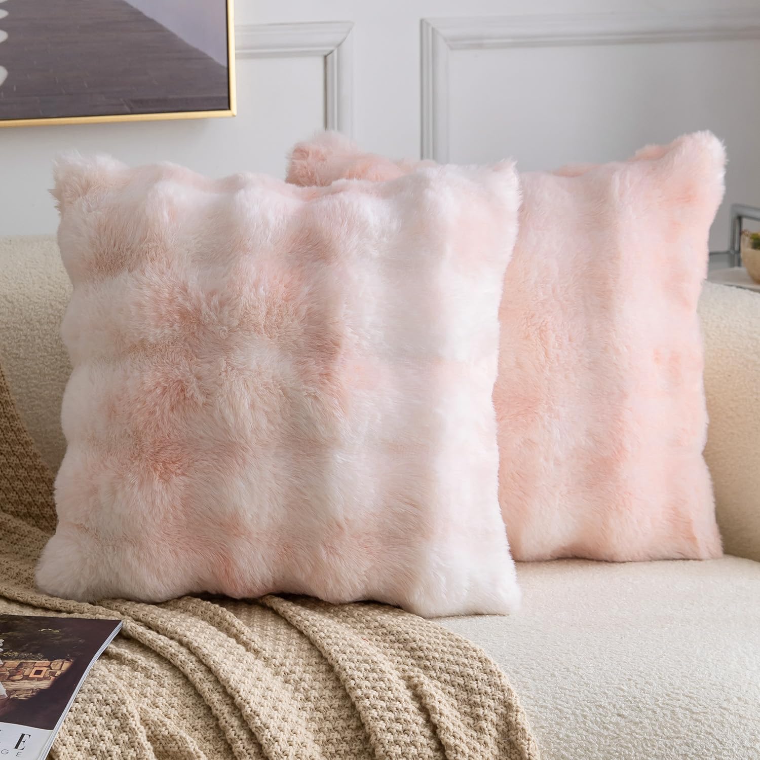Madizz Pack of 2 Thick Plush Faux Wool Cushion Covers 50x50 cm White Pink Soft Neutral Decorative Throw Pillow Covers Accent Boho Pillowcases for Couch Sofa Bedroom Pillow Shell