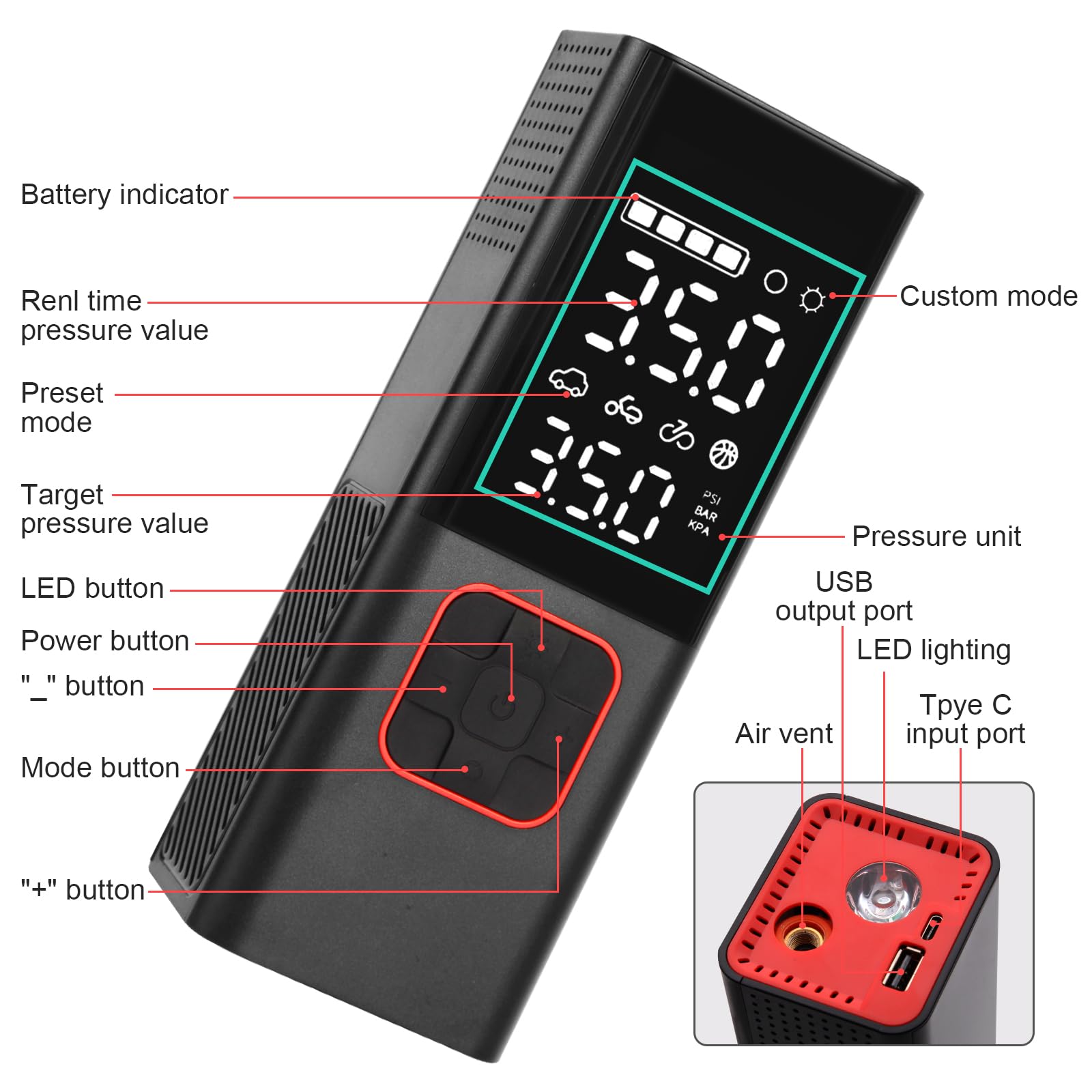 Compressore d'aria portatile per pneumatici, 160 psi, 7800 mAh, 25 cilindri, 3 volte più veloce, per gonfiare la pressione dei pneumatici dell'auto, con manometro digitale, adatto per auto, moto