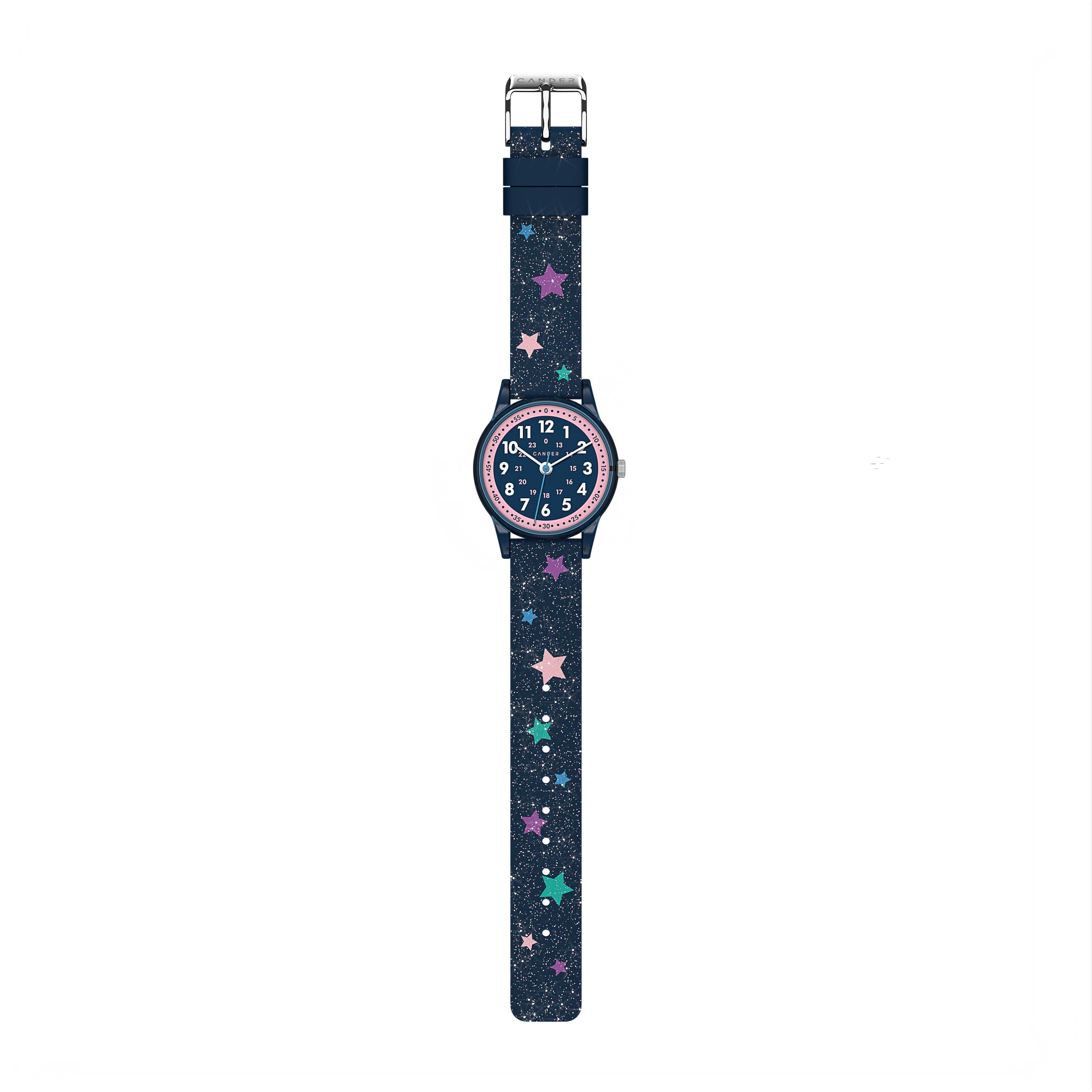 Cander Berlin MNA 4030 Q - Reloj de pulsera infantil para niña, resistente al agua, 3 ATM, reloj de aprendizaje analógico, brillante, con estrellas, repuesto para niños