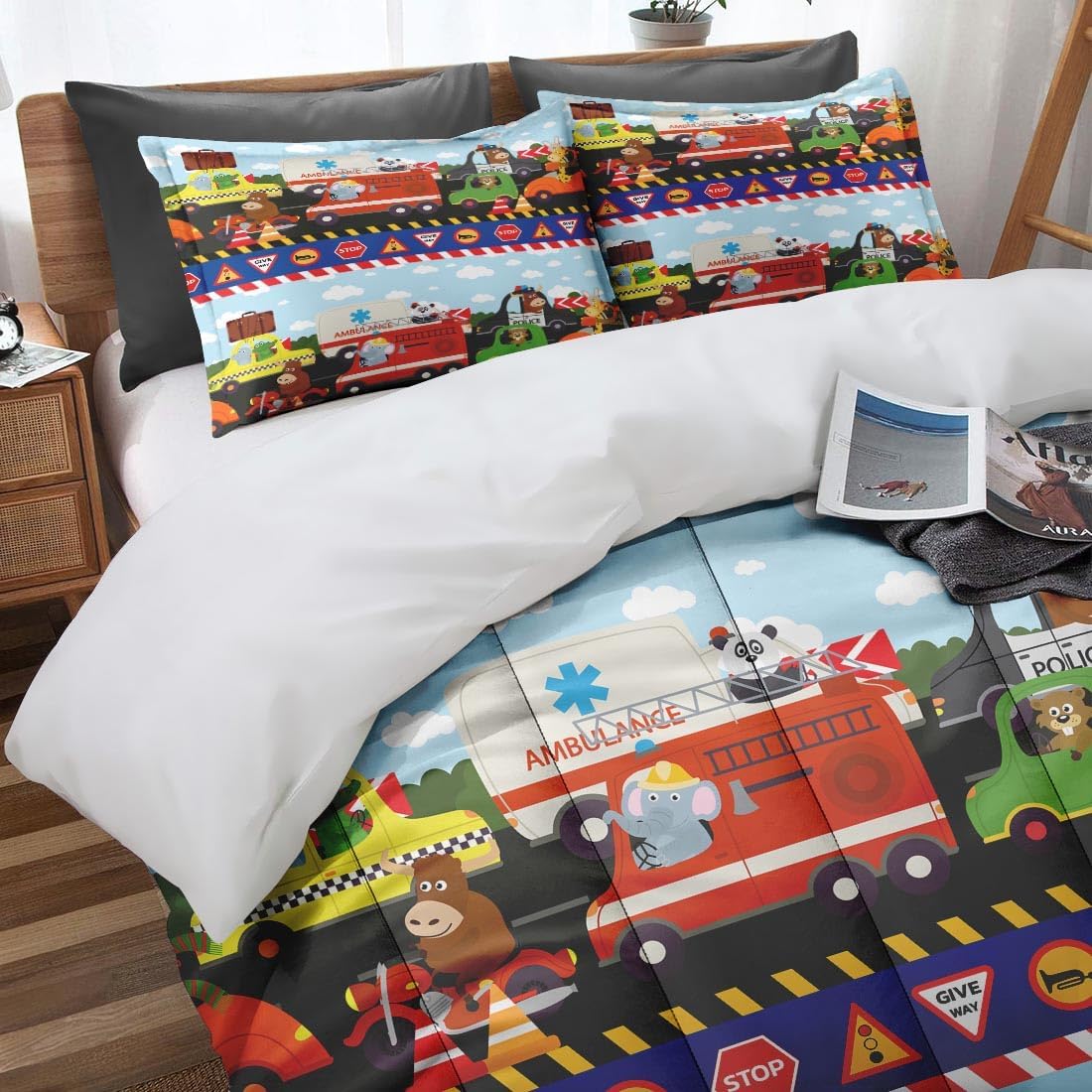 Vintage Car Lion Comforter Set for Kids Toddlers Teens Adults Twin, City Tractor Fire Bedding Sets Water Washed Microfiber Bedding with 1 Comforter 1 Pillowcase All Season