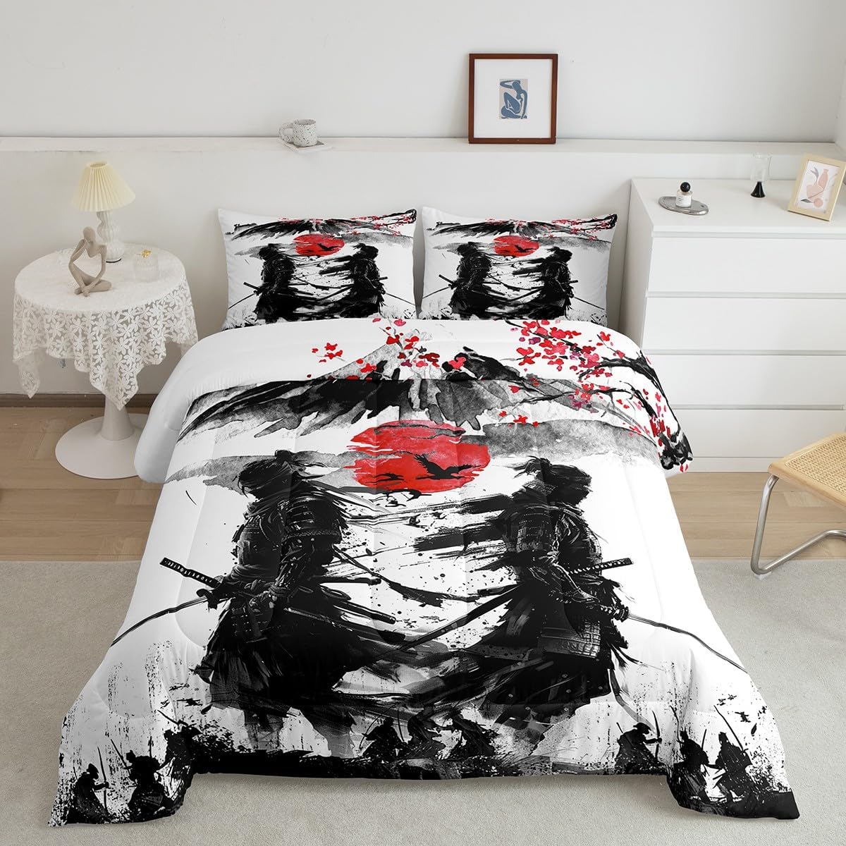 Feelyou Japanese Samurai Bedding Set Boys Girls Queen Size Landscape Comforter Set for Kids Women Men Ultra Soft Sunset Comforter Pavilion Duvet Quilt Japanese Style Bedroom Decor Bird Quilt