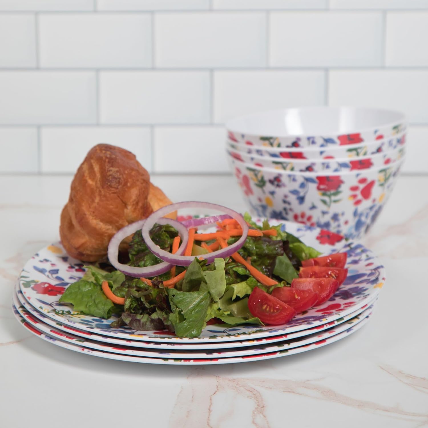 GreaterGood Flower Garden Paws Melamine Dinnerware Set - Set of 4 (White, Plates)