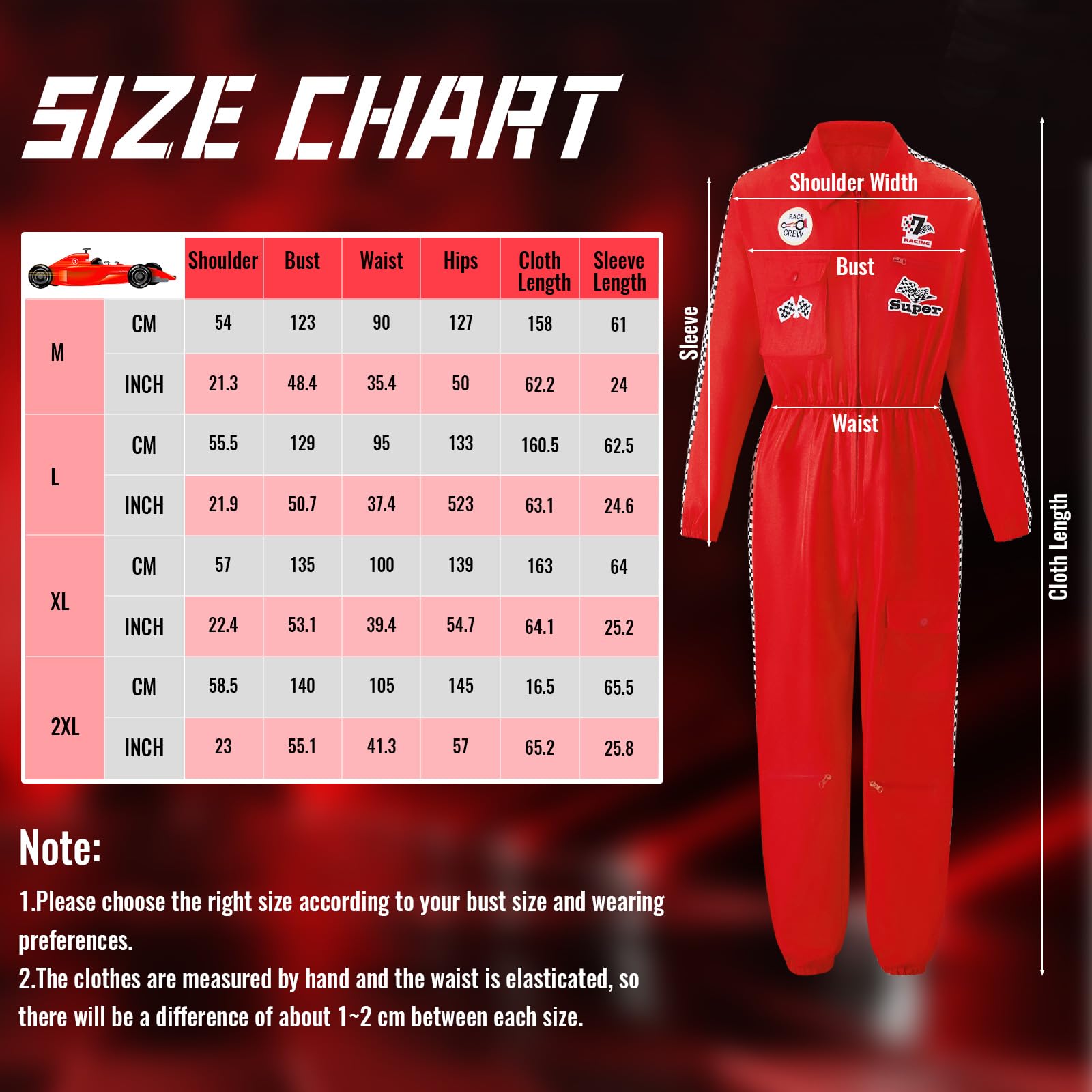 BuzzoXerex Rennfahrer Kostüm Herren, Rennfahrer Anzug Herren mit Hüte, Sonnenbrille, Handschuhe Sonnenbrille Rennfahrer Kostüm Overall Jumpsuit für Karneval, Party, Cosplay (Rot, XL)