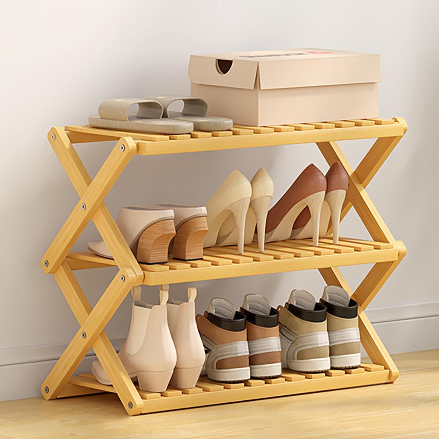 Bamboo Shoe Rack Folding Shoes Shelf Organizer 3 Tier Multifunctional Free Standing Shoe Holder Racks for Closet Entryway Hallway Living Room Doorway