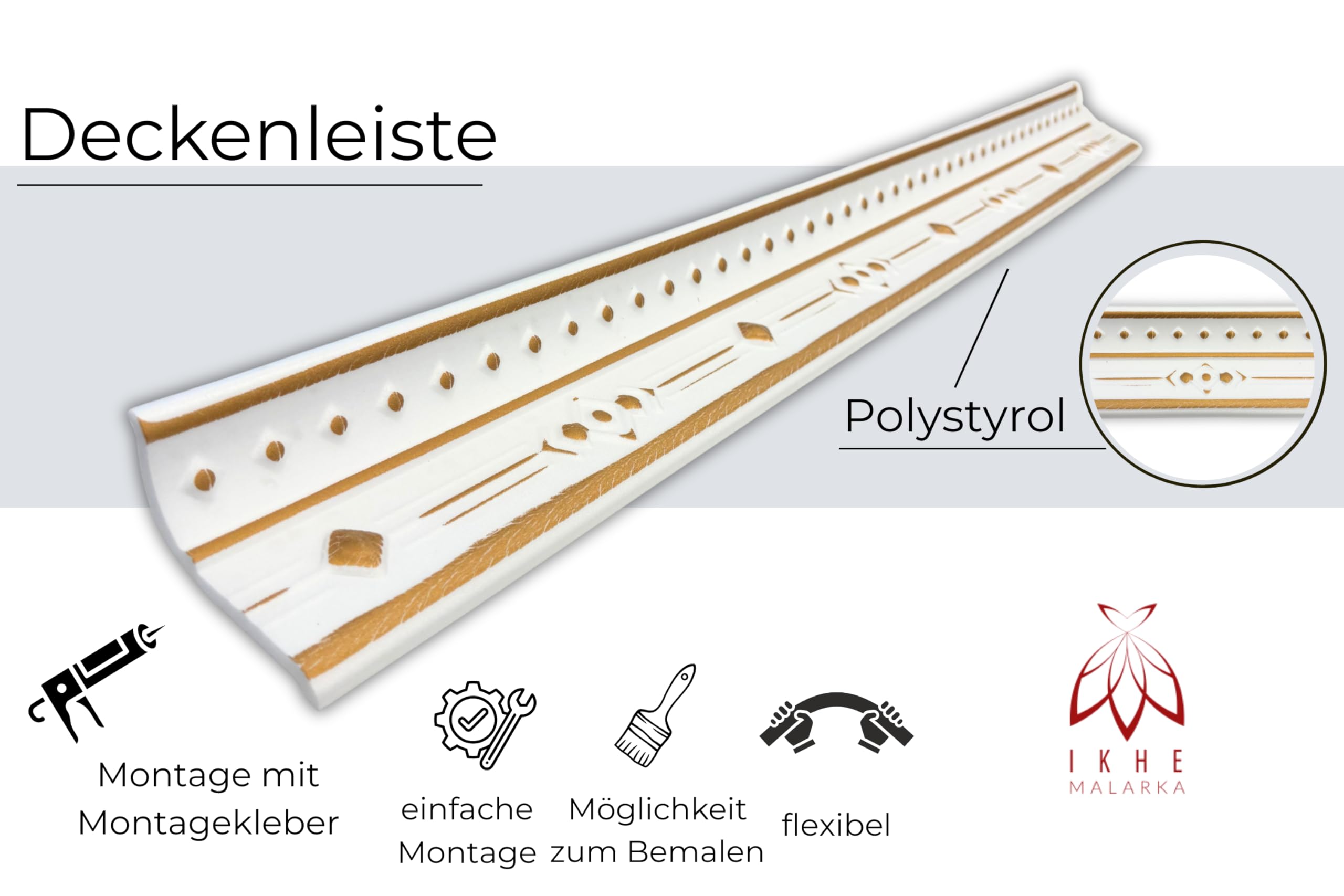 Molduras de estuco de poliestireno XPS – Molduras de techo blancas de 1 m – Listones para techo y decoración de pared – Molduras decorativas ligeras de poliestireno puro suave (V03-08 – Oro) 16