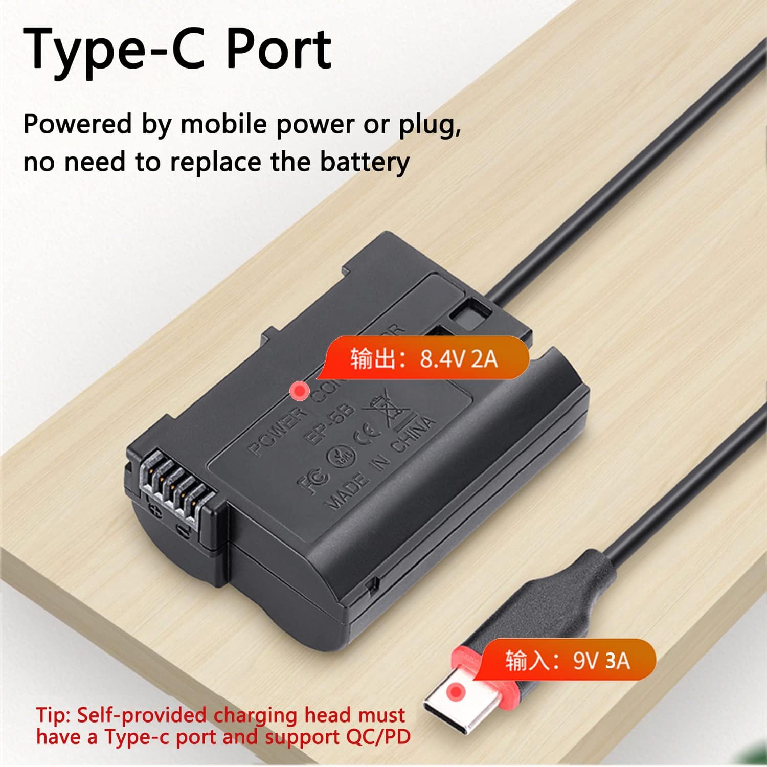 King Ma Dummy Battery NPFW50/ENEL15/LPE6/NP-FZ100/LPE8/NP-W126 Decoded Battery Replacement with Type-C Spring Power Adapter Cable for Canon Sony Nikon Fujifilm Cameras (ENEL15)