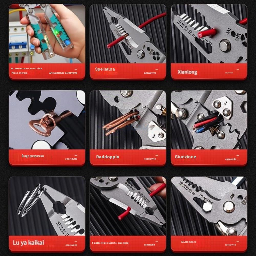 Professionale Pinza Spelafili 18 in 1 Pieghevole con Tester di Tensione 22.4cm Acciaio