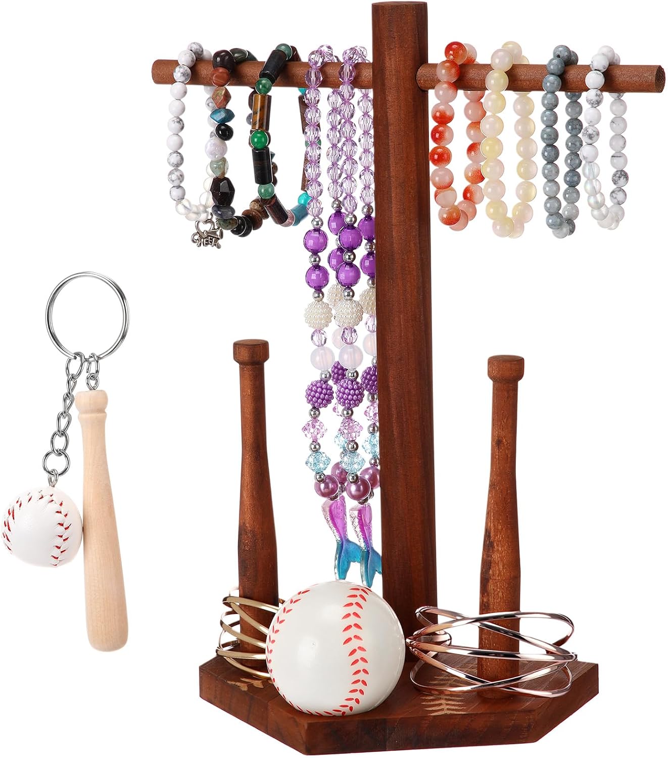 Wooden Baseball Jewelry Organizer, Ring Necklace Display Stand