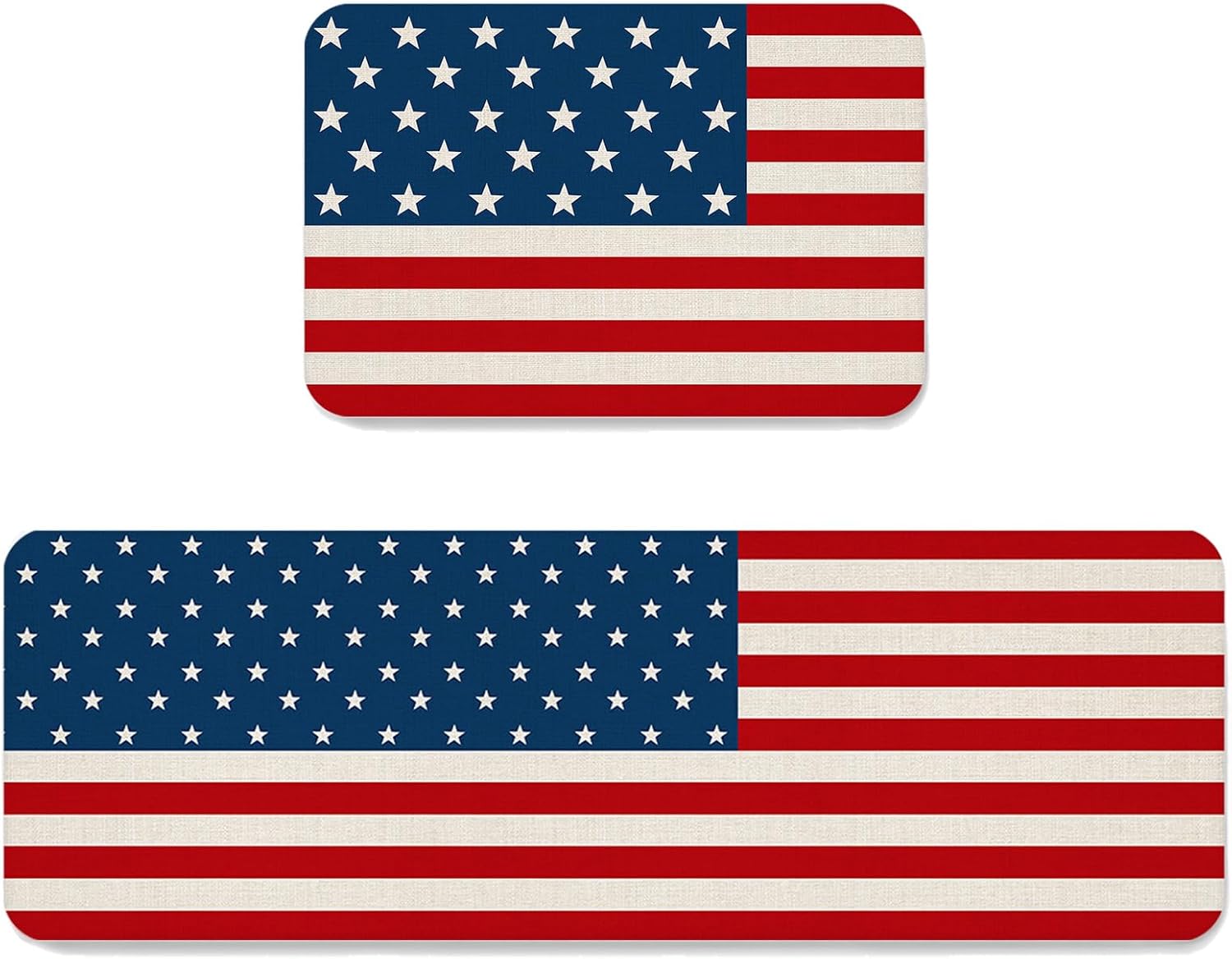 Prime Leader American Flag Kitchen Mat Set 2 Pieces Independence Day Stars Stripes Linen Style Background Non Slip Kitchen Rugs Washable Runner Rug Mats for Sink Laundry (19.7" x 31.5"+19.7" x 63")