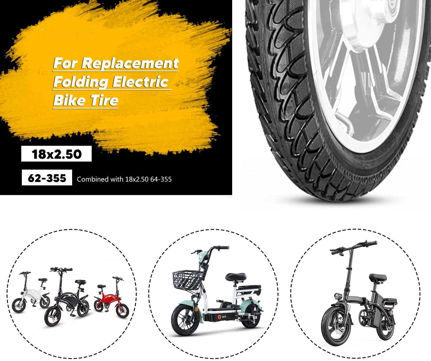 Neumáticos 18x2.50/62-355 Para Bicicleta Eléctrica Motocicloelctrico Gomas 18x2.5 Tire Tube Set 18x2.5 Innertube with Bent Valve 62-355 18 x 2.50 Electric Bike Tire, Compatible con 64/355