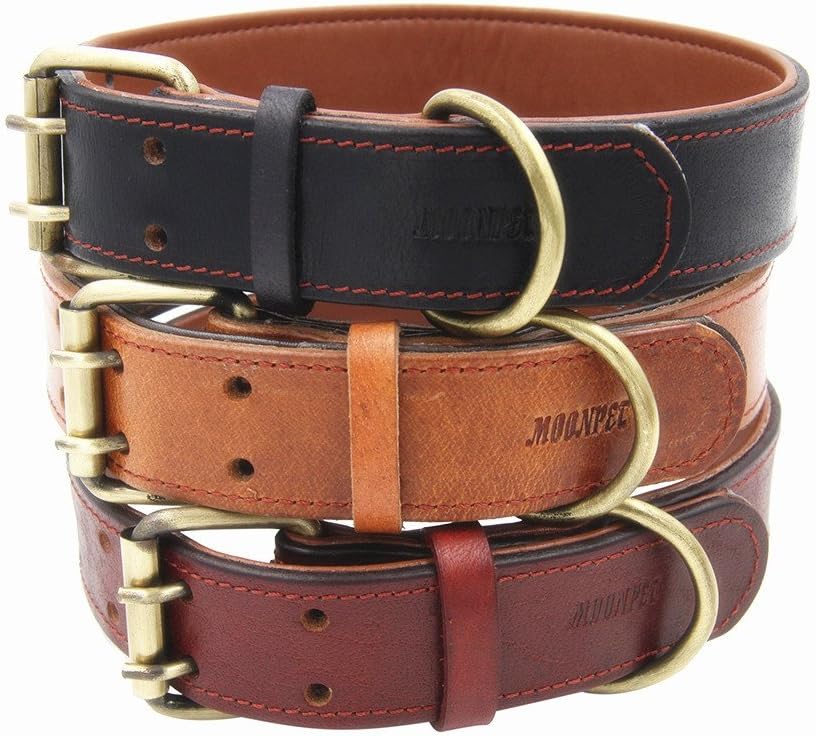 Moonpet Soft Padded Real Genuine Leather Dog Collar-Best Full Grain Heavy Duty Dog Collar-Durable Strong Adjustable for Small Medium…