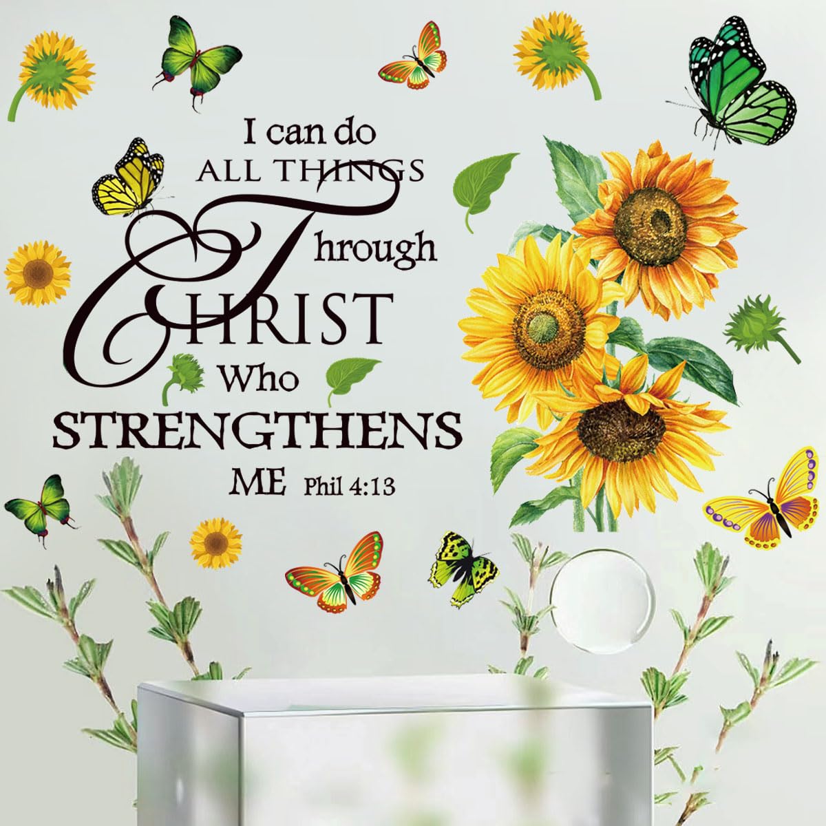 Adhesivo de pared con diseño de girasol, mariposa, motivacional, positivo, decoración de pared, citas inspiradoras, decoración de pared cristiana, calcomanías de pared para sala de estar o dormitorio.