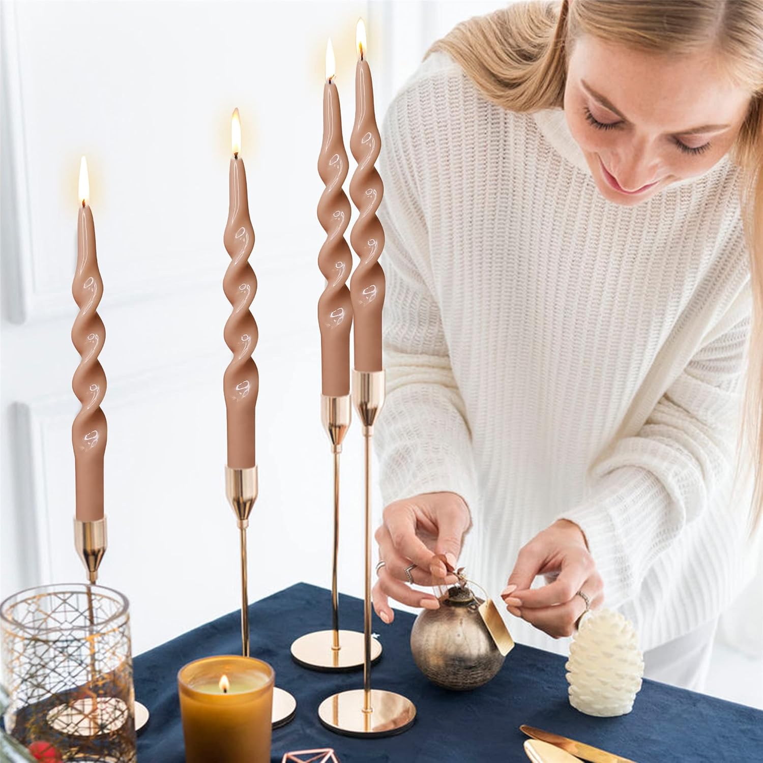 8pcs Brown and Pink Spiral Taper Candle Pink Candlesticks - Brown Long Candle Sticks Unscented Pink Tapered Candles for Home Décor Weddings Festive Seasons Holiday