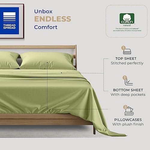 Miniatura 3 de THREAD SPREAD Juego de sábanas de 100 % algodón tamaño matrimonial, 400 hilos, 4 piezas, sábanas refrescantes suaves y transpirables, sábanas de
