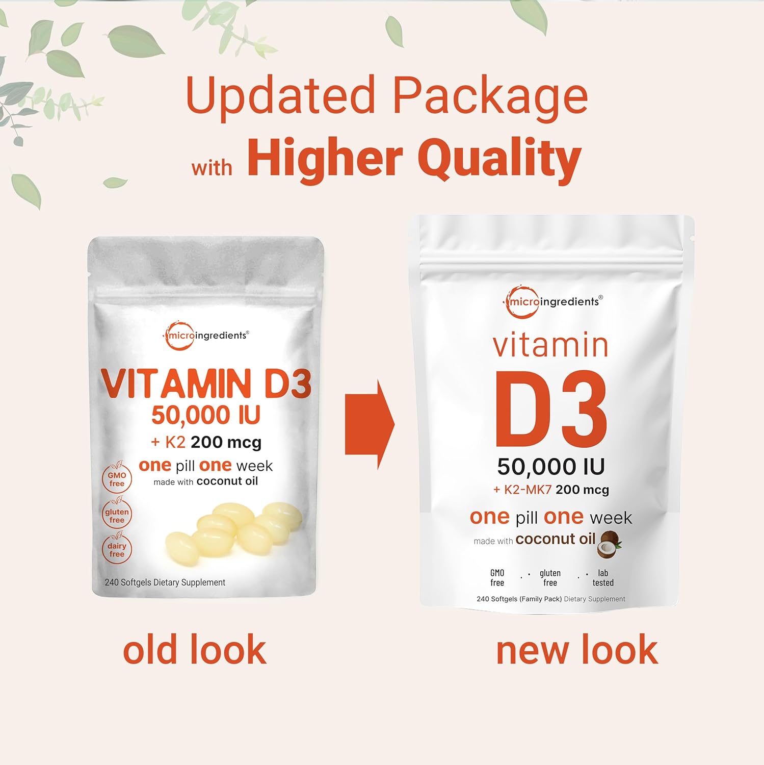 Micro Ingredients Vitamin D3 50,000 IU + K2 MK-7 200 mcg, 240 Softgels | Virgin Coconut Oil | 2-in-1 Support | Easy to Swallow, Non-GMO - Image 3