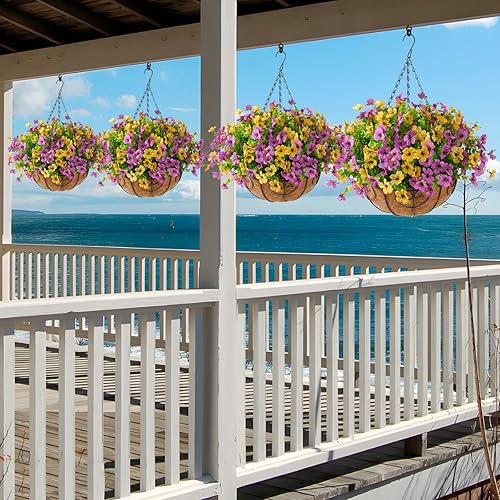 Miniatura 6 de ZFProcess Flores artificiales de seda en cesta colgante para exteriores, interiores, patio, césped, jardín, canasta colgante con cadena de forro de