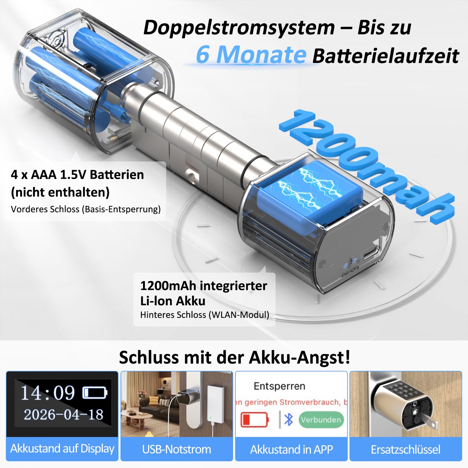 Anweller Smartes Türschloss Fingerabdruck mit Zahlencode, Elektronisches Schließzylinder Haustür mit WLAN-Fernbedienung und Display, inkl. Schlüssel & IC-Karte für 60-130mm Türen