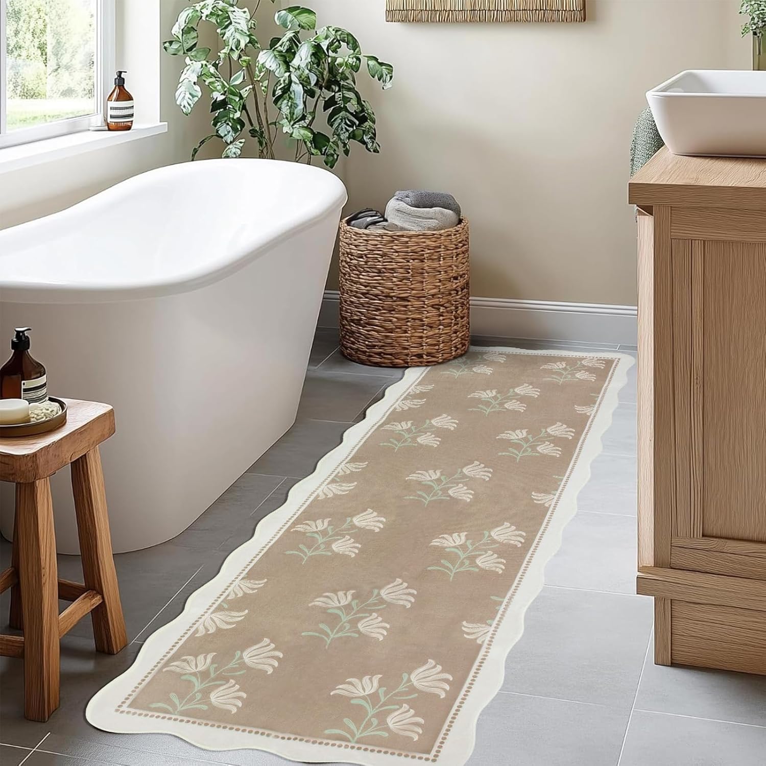 Scalloped Floral Kitchen Runner Rug, 2x6 Washable Rug Runners for Hallways Non-Slip, Brown Boho Farmhouse Ultra-Thin Soft Carpet for Bathroom Laundry Entryway