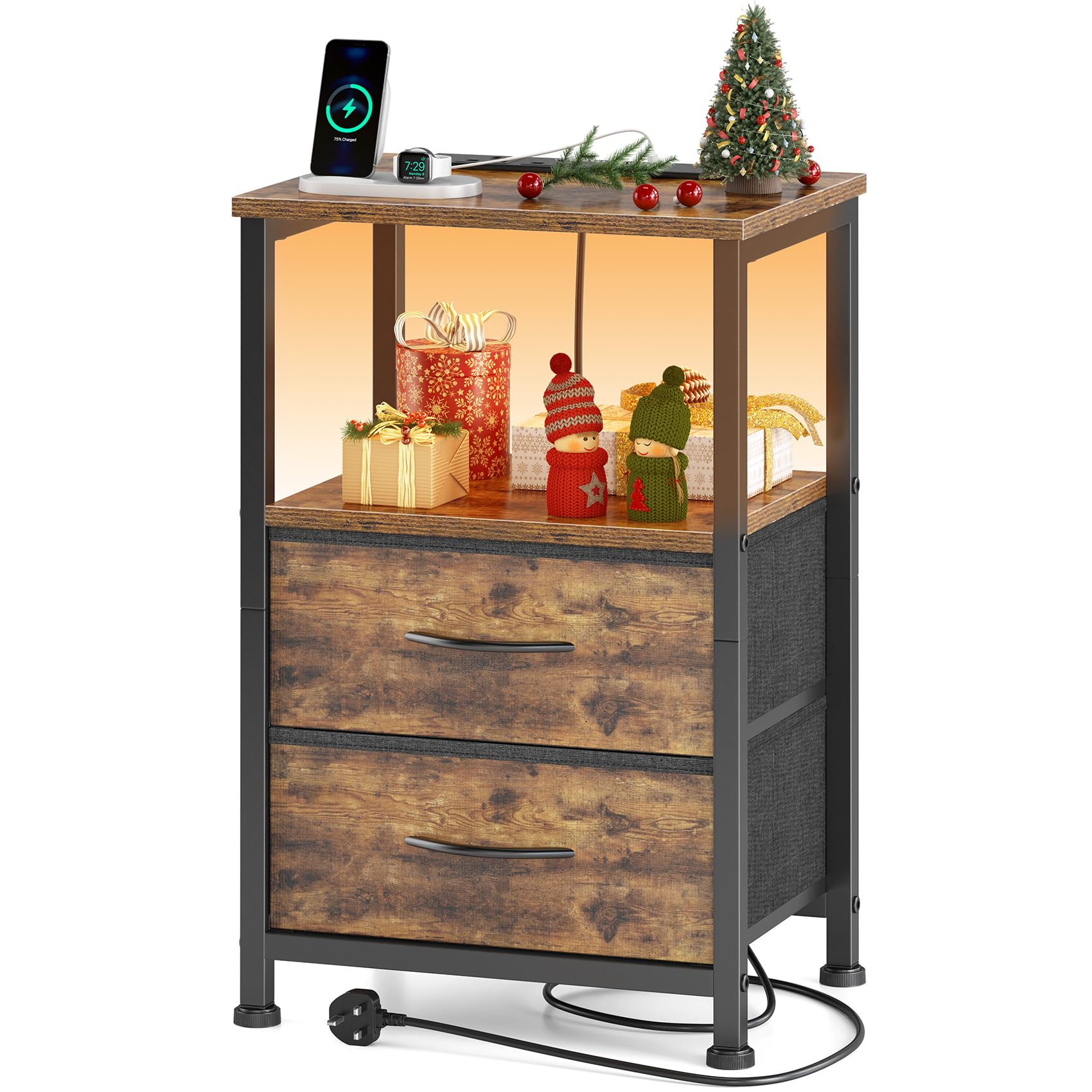 Yornoli Bedside Table with Charging Station 40cm Wide Bed Side Table for Bedroom with 2 Fabric Drawers Small End Tables with Led Lights for Living Room Small Spaces Rustic BrownRecycled Claim Standard 100