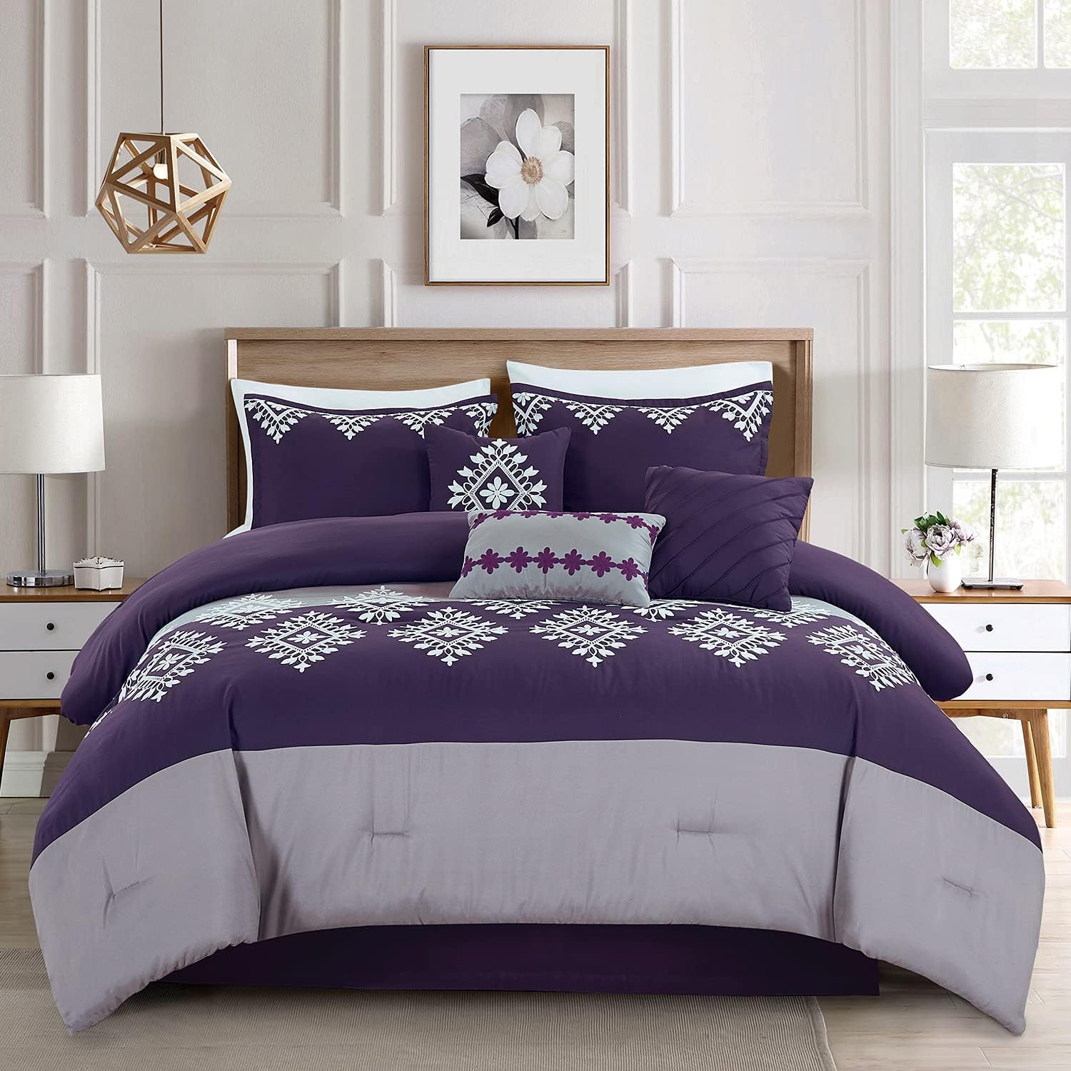 JML Queen Comforter Set, 7 Piece, Purple | Microfiber - Luxury Quilted Embroidery, Comforter with Bedskirt and Decorative Pillows