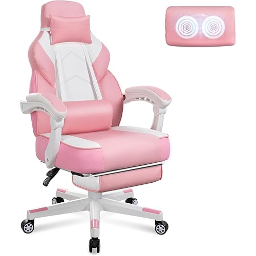 Video Game Chair for Adults, Gaming Chair with Footrest, Big and Tall Computer Chair with Massage Lumbar Support 330lbs Weight Capacity, Adjustable Height, 360° Swivel Seat and Headrest (Pink)