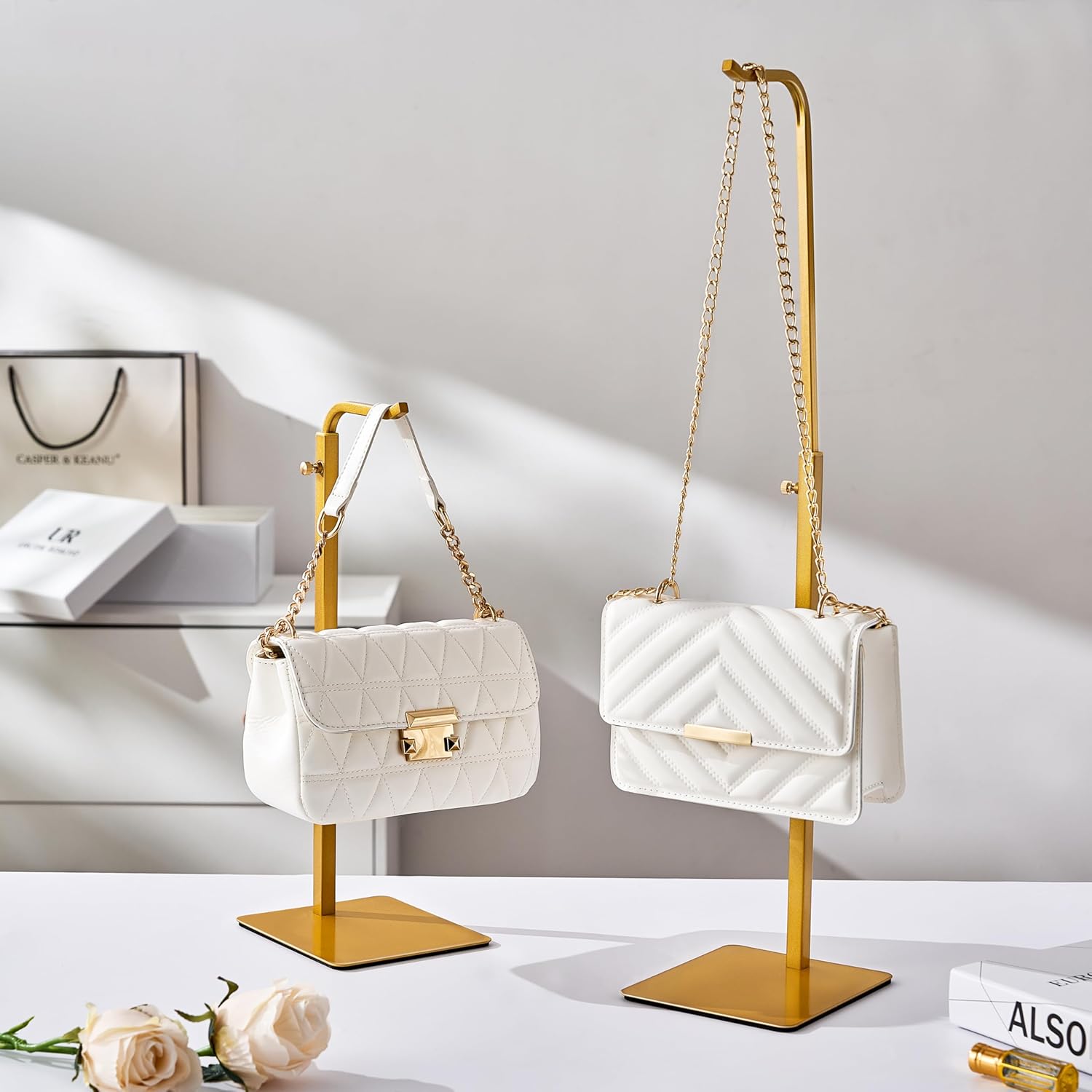 2 pack purse holder handbag display stand: gold hanger rack for bags, purses, and wreath, adjustable hook stand for tabletop, closet, and retail use for vendors