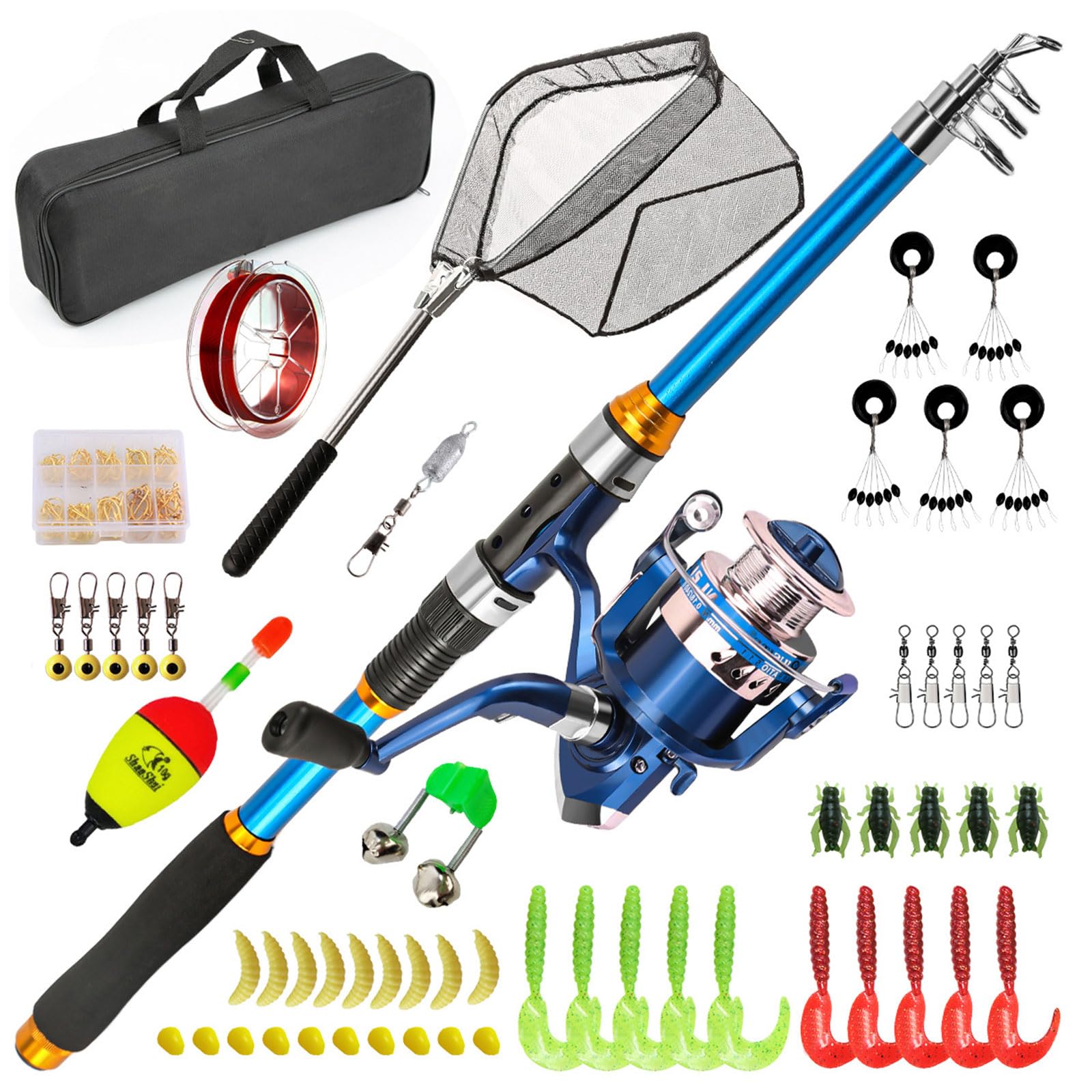 Canna da pesca telescopica e mulinello da spinning, kit completo di attrezzatura con esche, ganci, lenza, borsa per il trasporto per pesca d'acqua dolce e salata