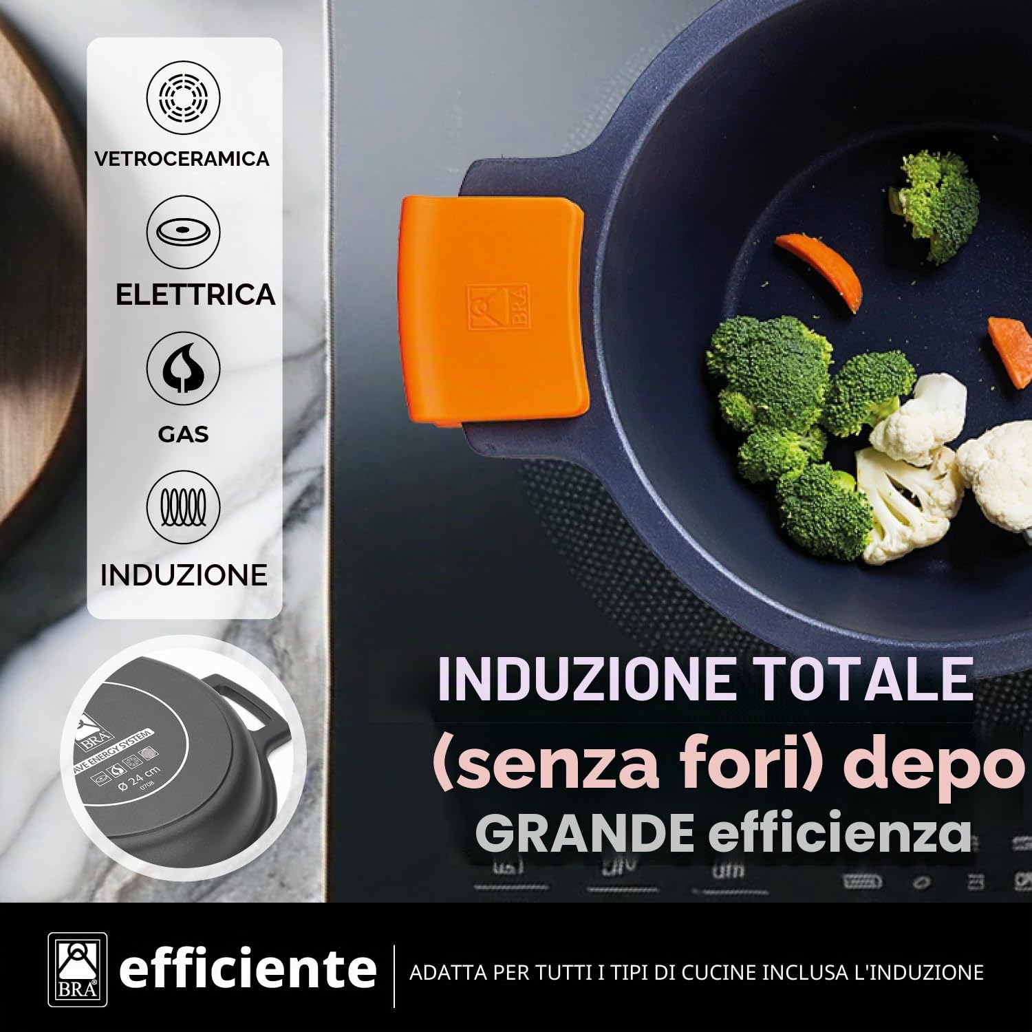 BRA Efficient | Batteria da cucina antiaderente 9 pezzi in alluminio fuso, compatibile con tutti i piani cottura, induzione inclusa, con 4 casseruole, 1 casseruola a un manico e 4 coperchi