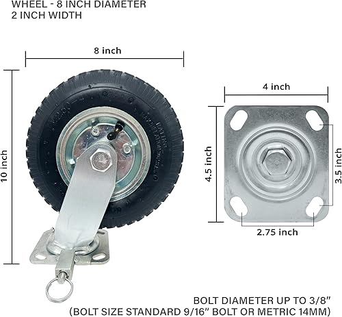 Miniatura 9 de Fetchlt - Rueda neumática industrial de 8 pulgadas con neumático de goma negra de alta calidad para proteger el suelo y el corral suave, placa