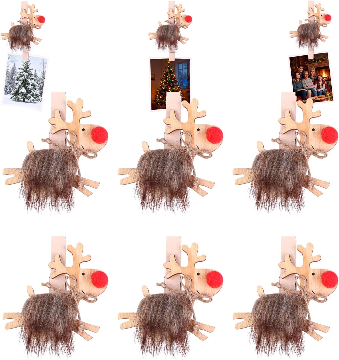 VOSAREA 6pcs Christmas Wood Photo Clips Mini Decorative Xmas Pictures Clips Christmas Vintage Wood Clothespins Elk Photo Pegs for Party Favors Home School Art Craft Decor
