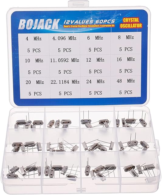 BOJACK 12 Values 60 Pcs Quartz Crystal Oscillator 4 MHz, 4.096 MHz, 6 MHz, 8 MHz, 10 MHz, 11.0592 MHz, 12 MHz, 16 MHz, 20 MHz, 22.1184 MHz,24 MHz,48 MHz Crystal Resonators Assortment Kit