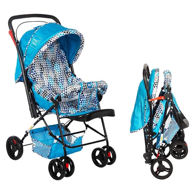 Mee Mee Baby Stroller Pram 3 Position Seating Reversible Handle Fully Rotating Wheels for Newborn Baby/Kids, 0-4 Years, Light Blue