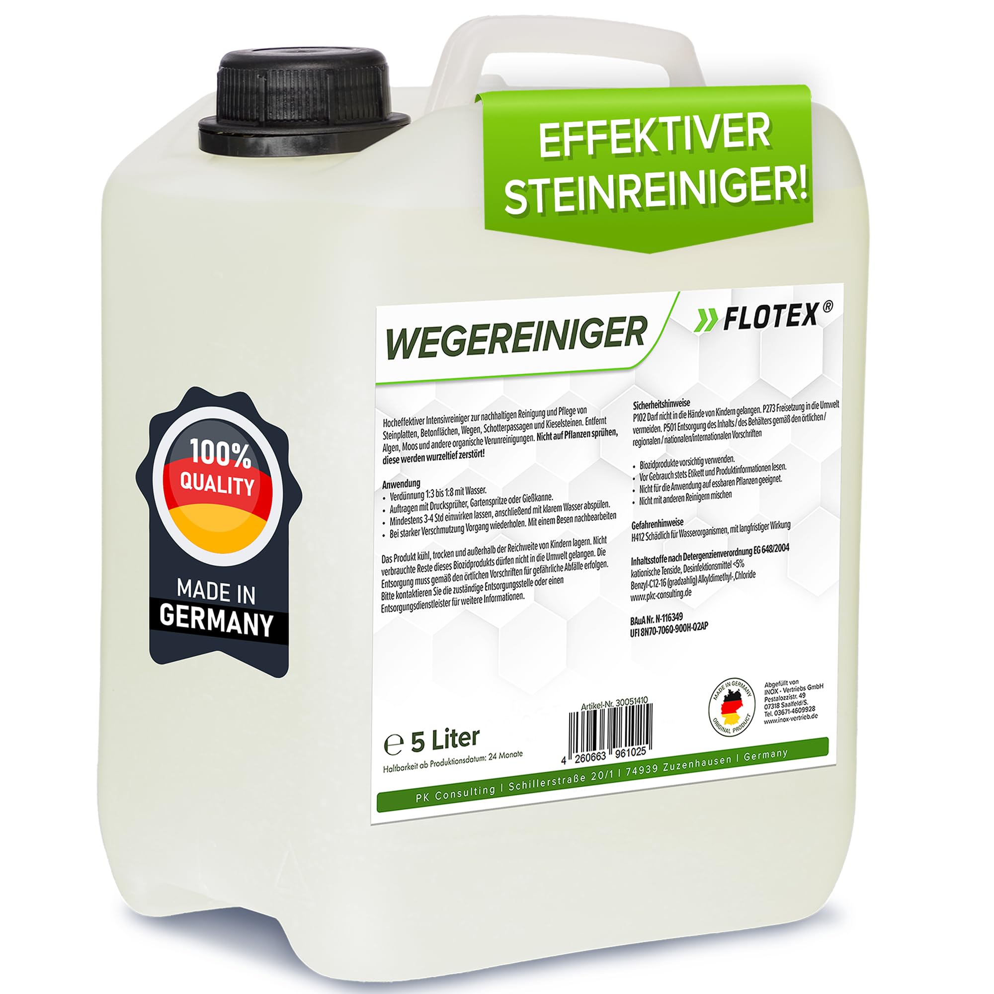 Hocheffektiver Wegerein 1x5 Liter | Steinreiniger Intensiv Aussen entfernt starke Verschmutzungen | Flechtenentferner für Pflastersteine, Terrassenplatten & Beton | Made in Germany