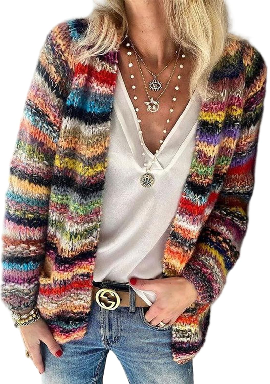Womens Rainbow Striped Cardigan Sweater Chunky Long Sleeve Multicolor Open Front Sweater Soft Outerwear Coats