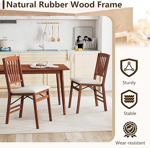 Miniatura 5 de COSTWAY Juego de 4 sillas plegables de comedor, sillas de comedor tapizadas de madera con asiento acolchado de tela, marco de madera maciza y