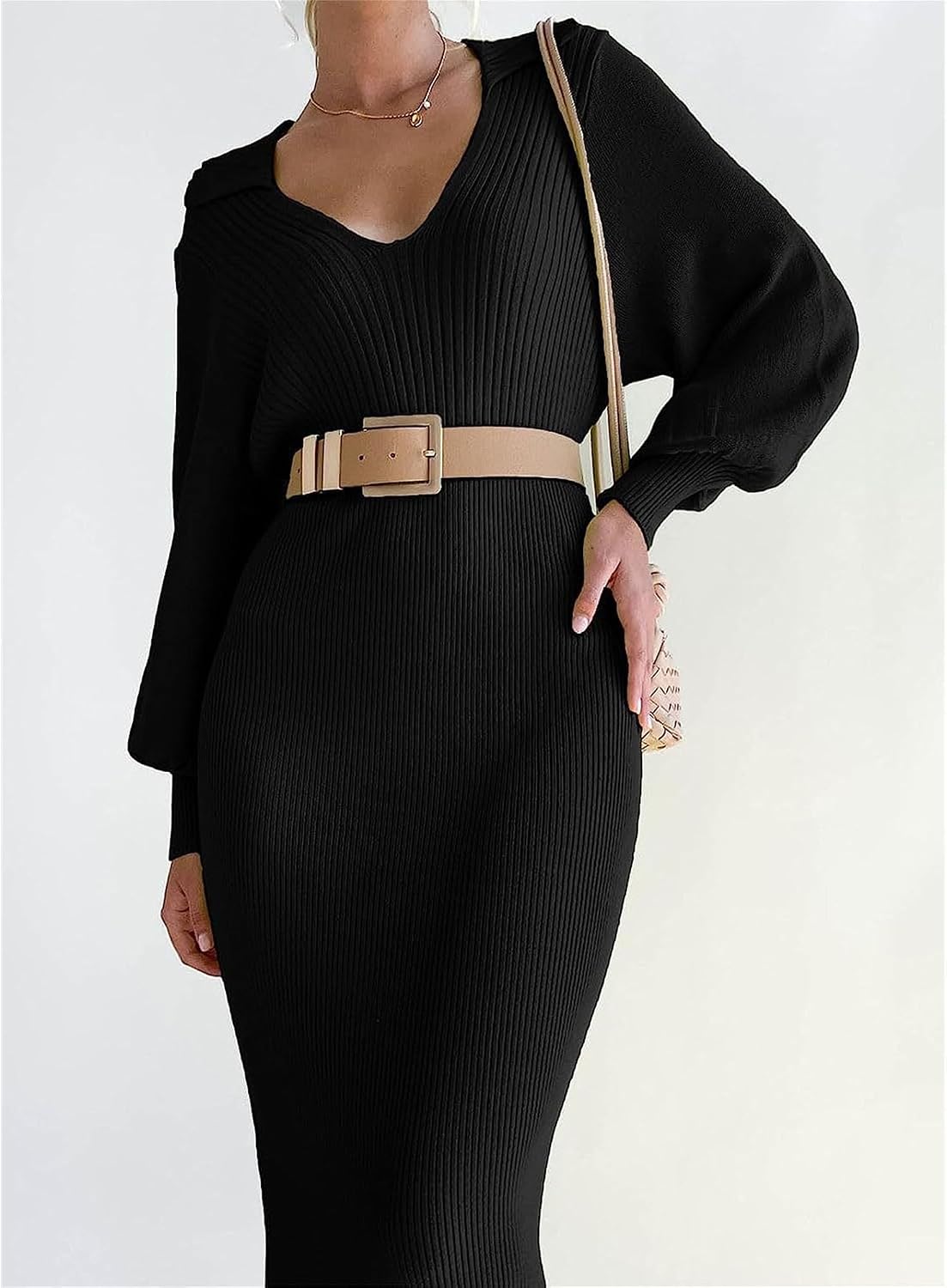 Women's 2024 Fall Sweater Dress V Neck Long Sleeve Ribbed Knit Tie Waist Dress A Line Pullover Bodycon Midi Dresses
