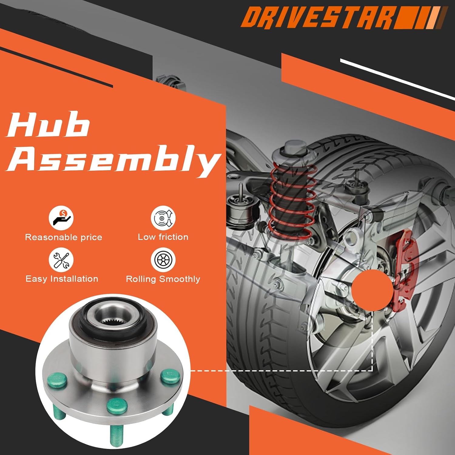 513255 Front Wheel Hub and Bearing Assembly LH or RH for Volvo C30 2008-2013, 2006-2013 for Volvo C70, 2005-2011 for Volvo S40/V50, 5 Lugs with ABS