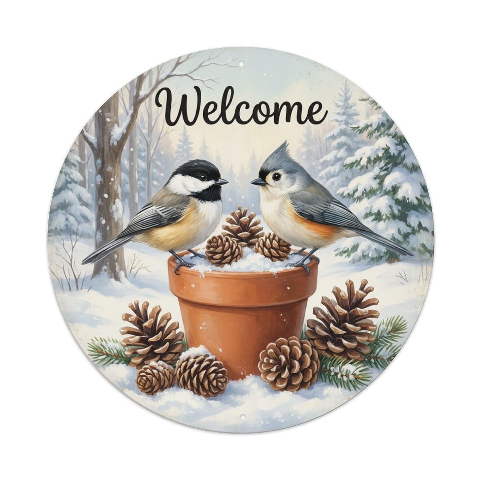 Welcome Titmouse Pine Cone Metal Tin Sign